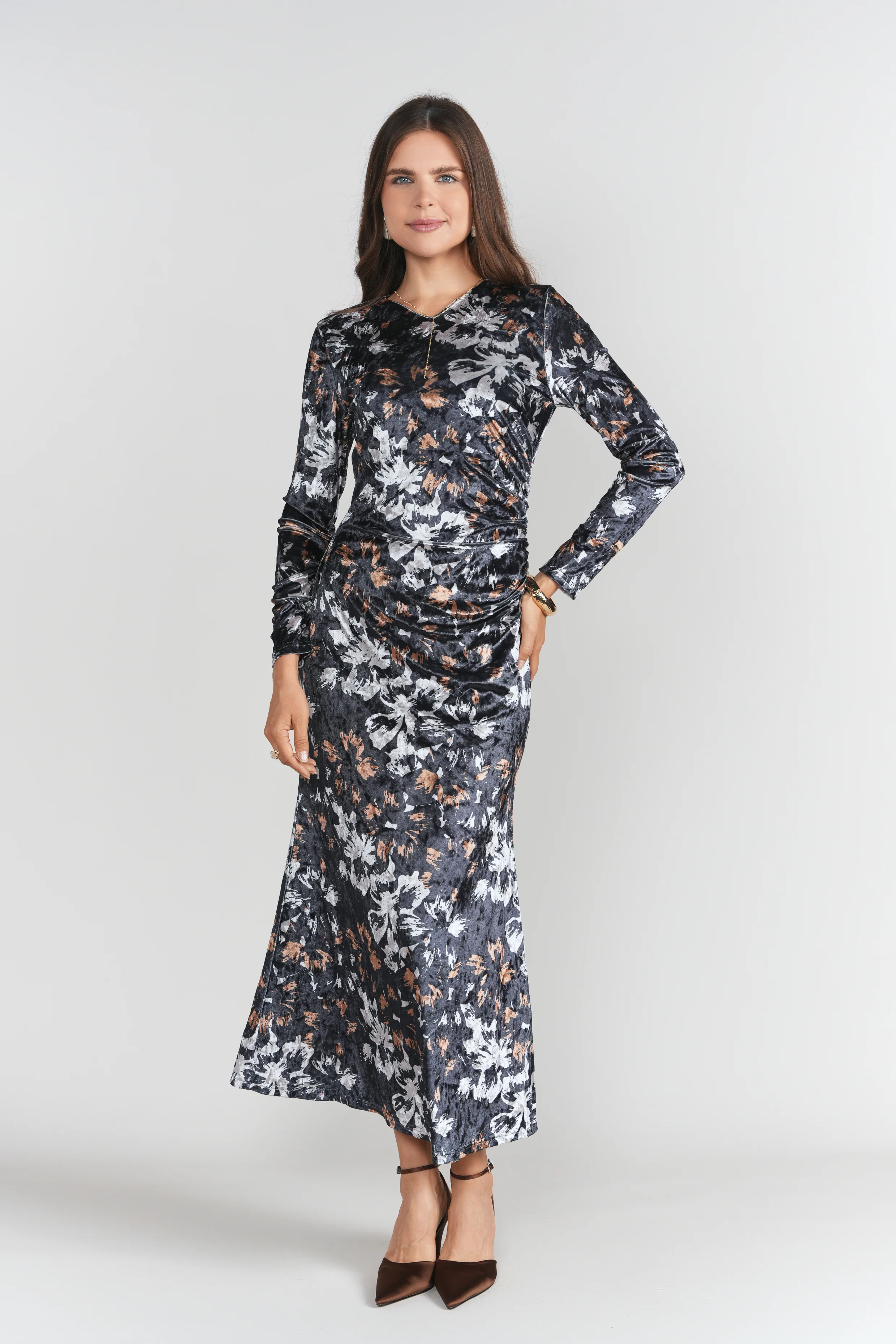 Side Ruched Velvet Dress- Brown and Black Floral - Image 4
