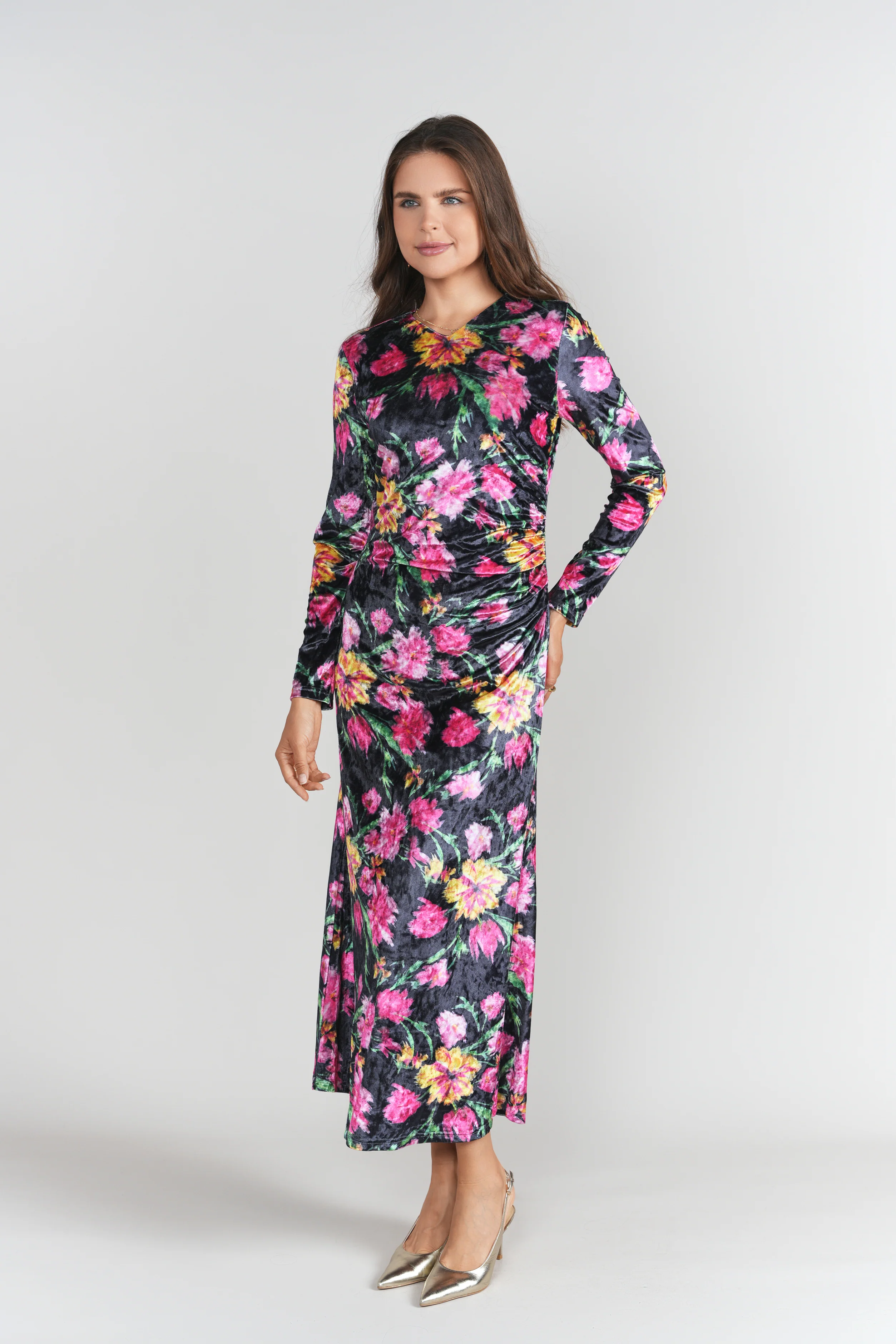 Side Ruched Velvet Dress- Winter Blossom - Image 4