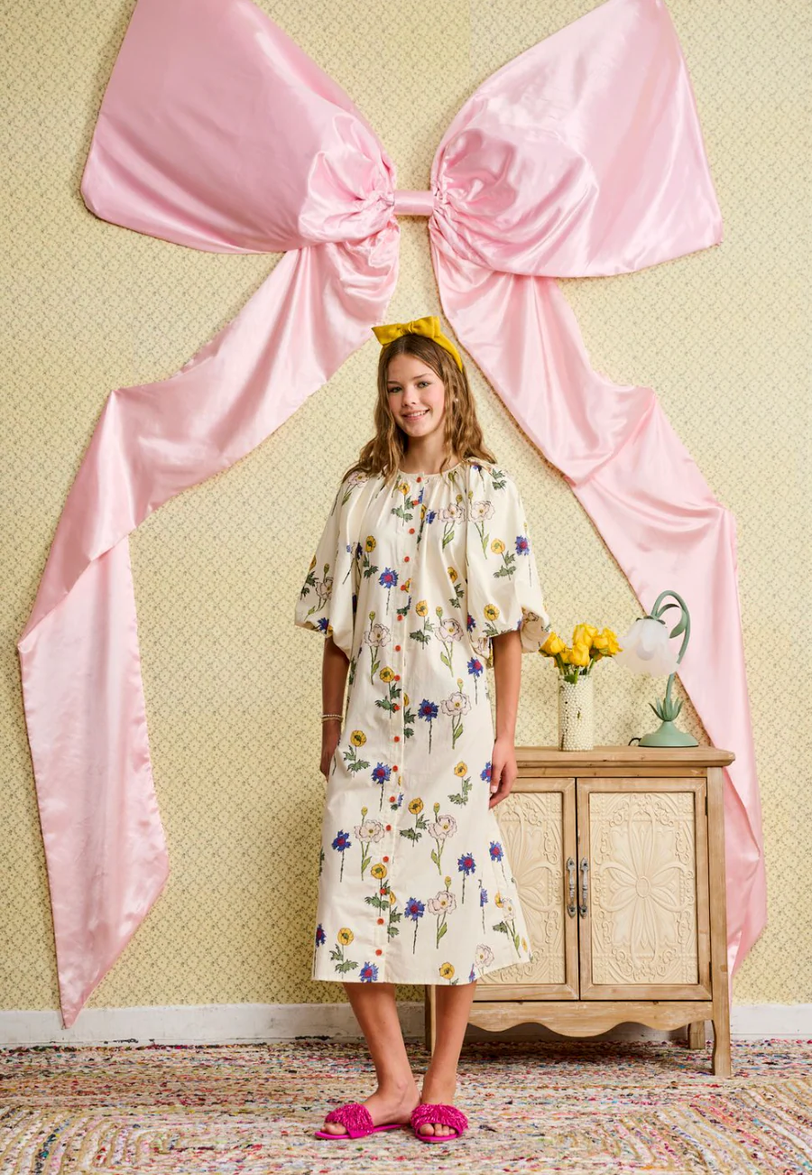 Small Flower Print Button Down Dress with Puff Sleeves