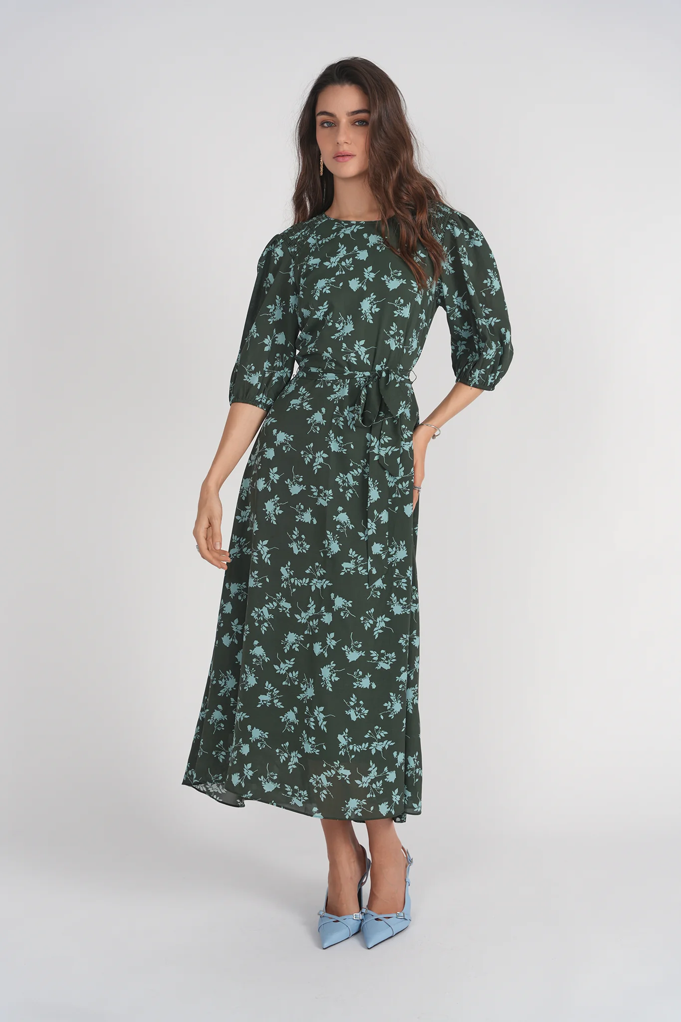 Smocked Shoulder Dress- Light Blue Florals on Green - Image 3