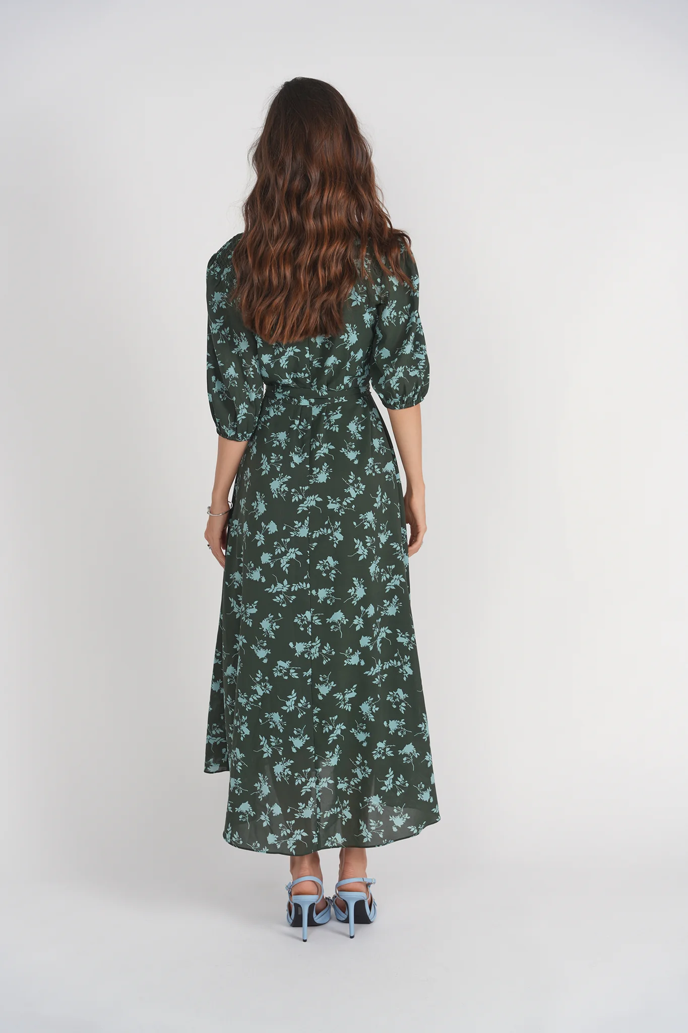 Smocked Shoulder Dress- Light Blue Florals on Green - Image 4
