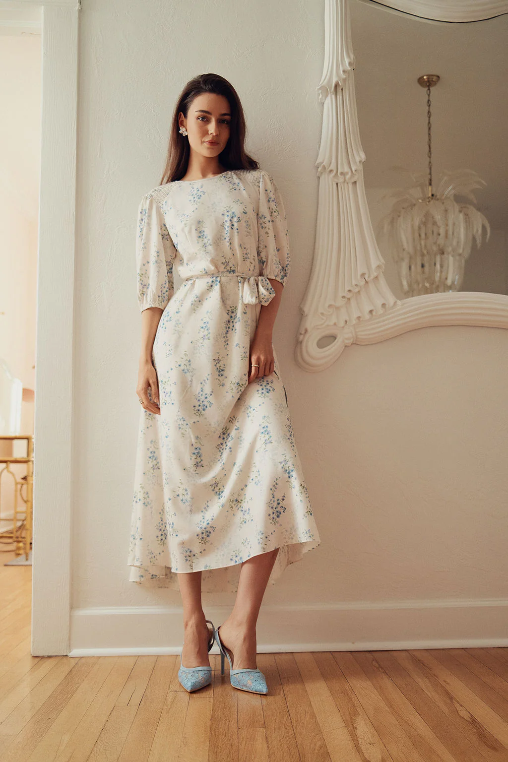 Smocked Shoulder Dress- White Floral - Image 3