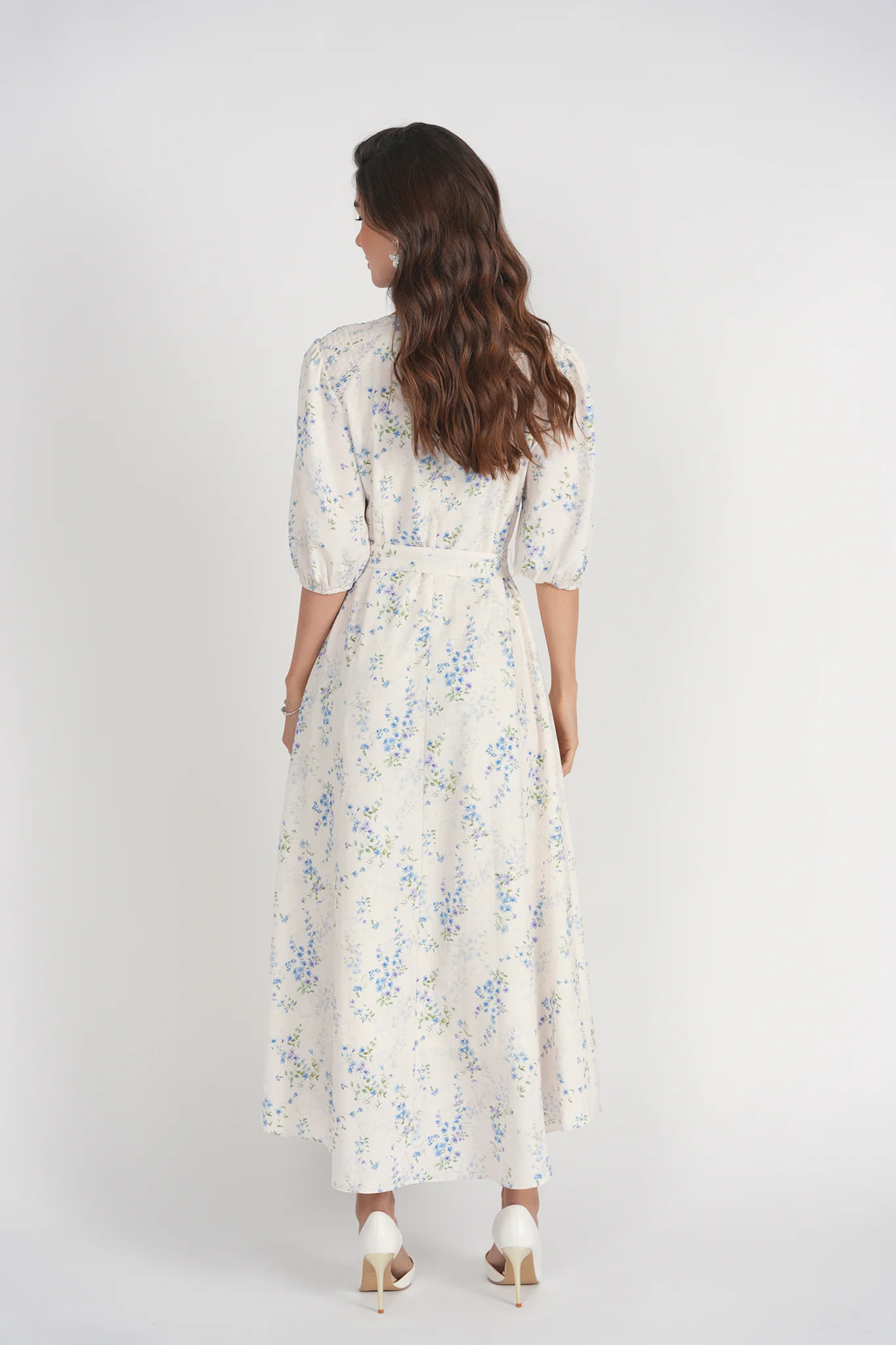 Smocked Shoulder Dress- White Floral - Image 4