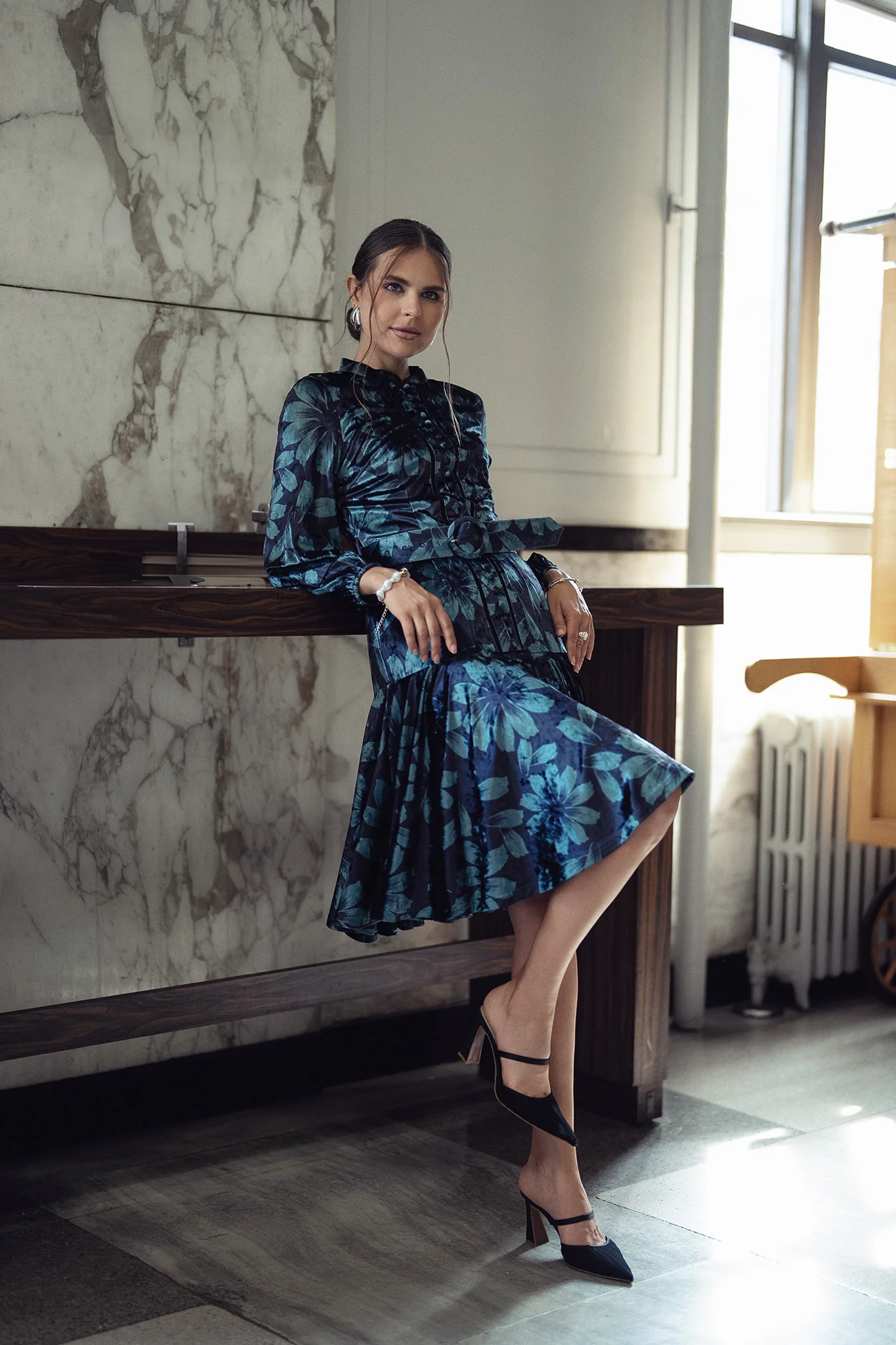 Sophie Dress- Teal Floral Velvet