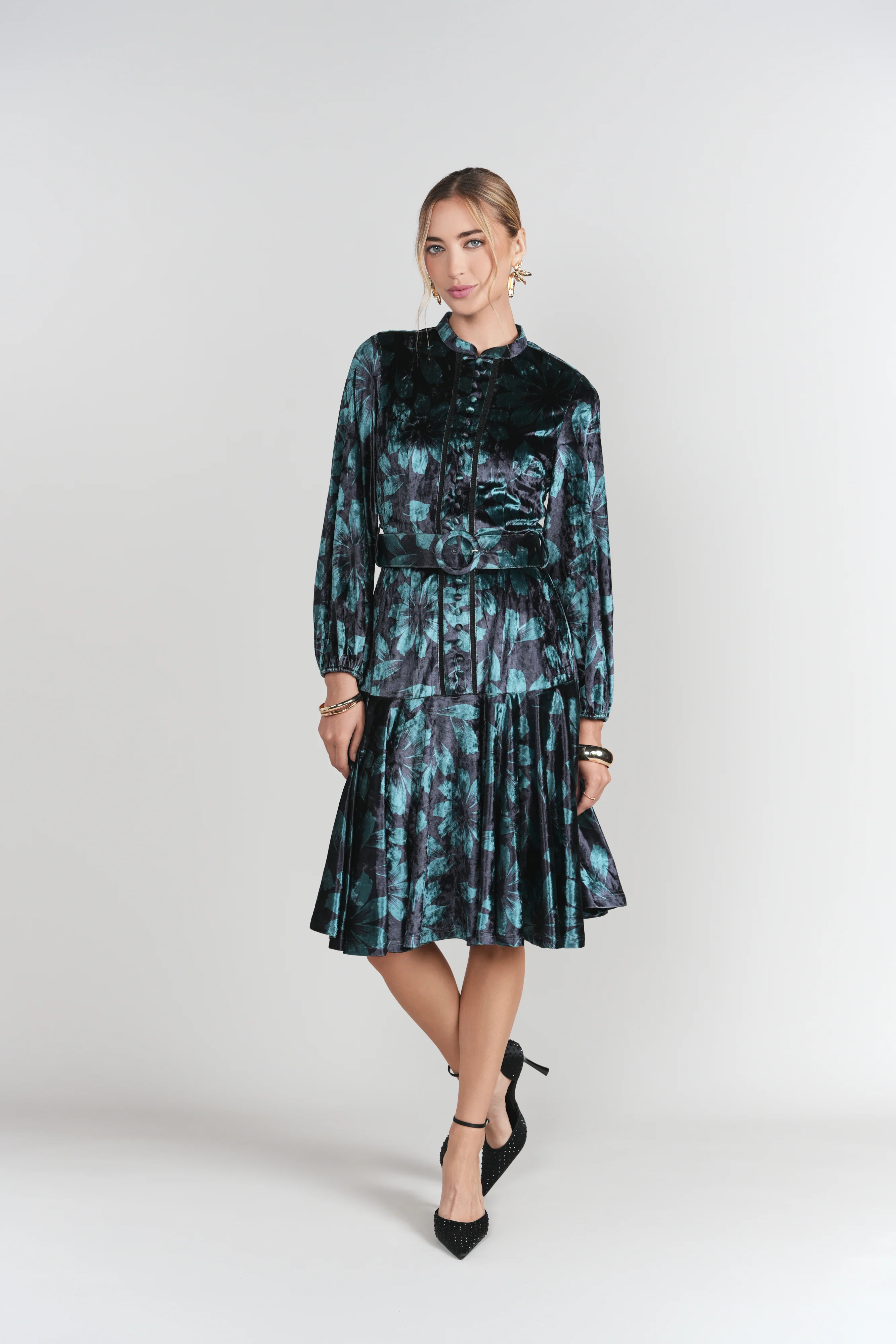 Sophie Dress- Teal Floral Velvet - Image 2