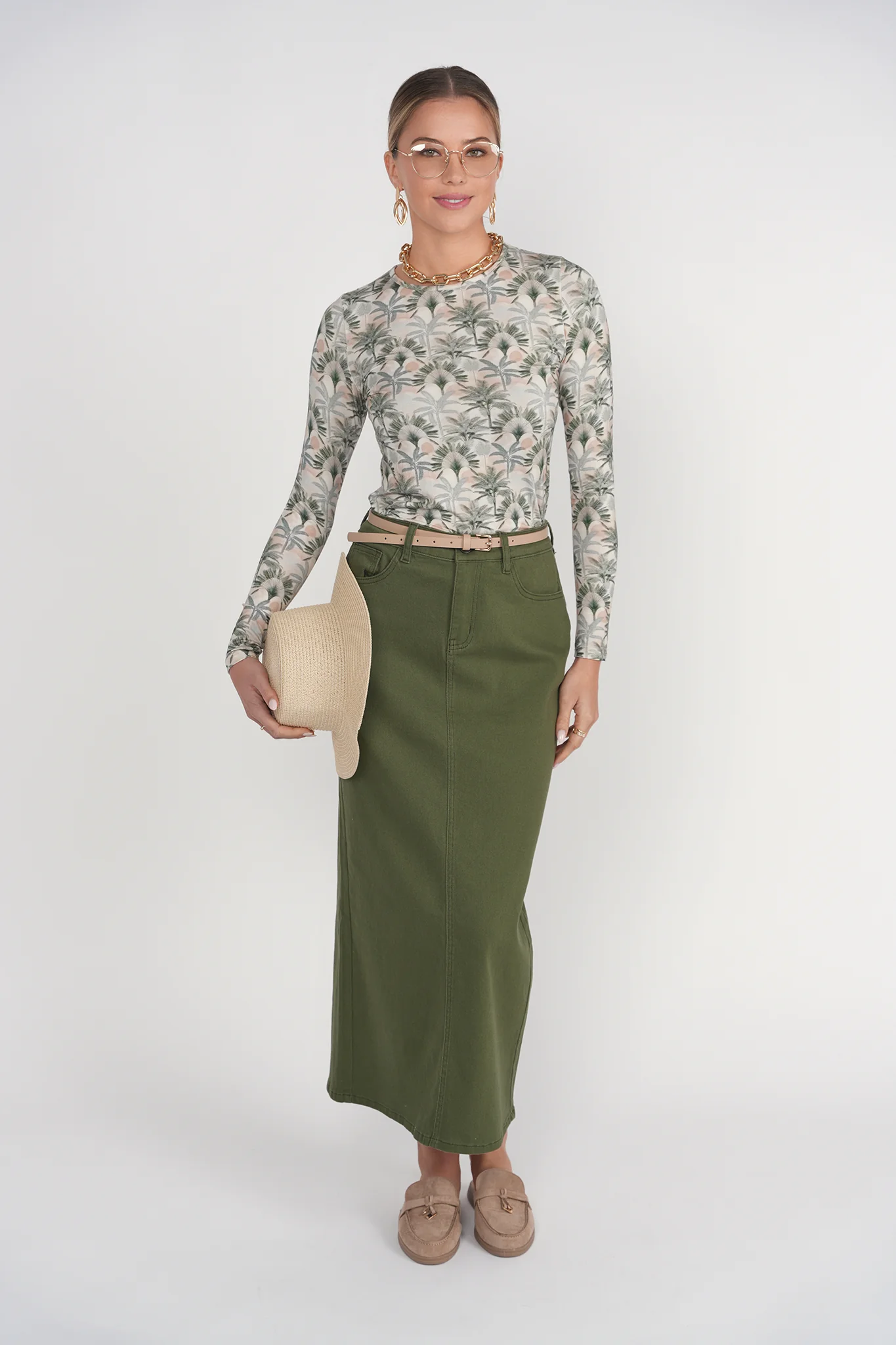 Straight Denim Skirt- Olive - Image 3