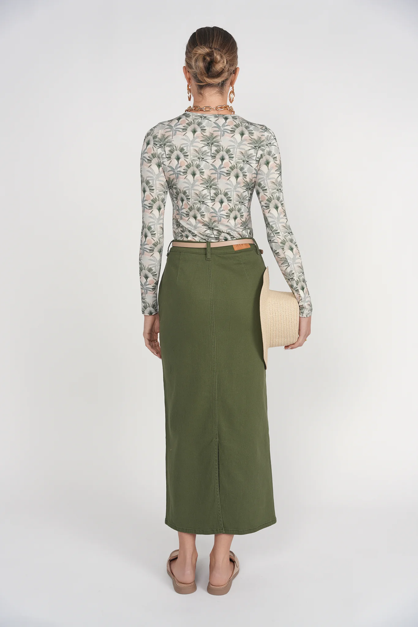 Straight Denim Skirt- Olive - Image 4