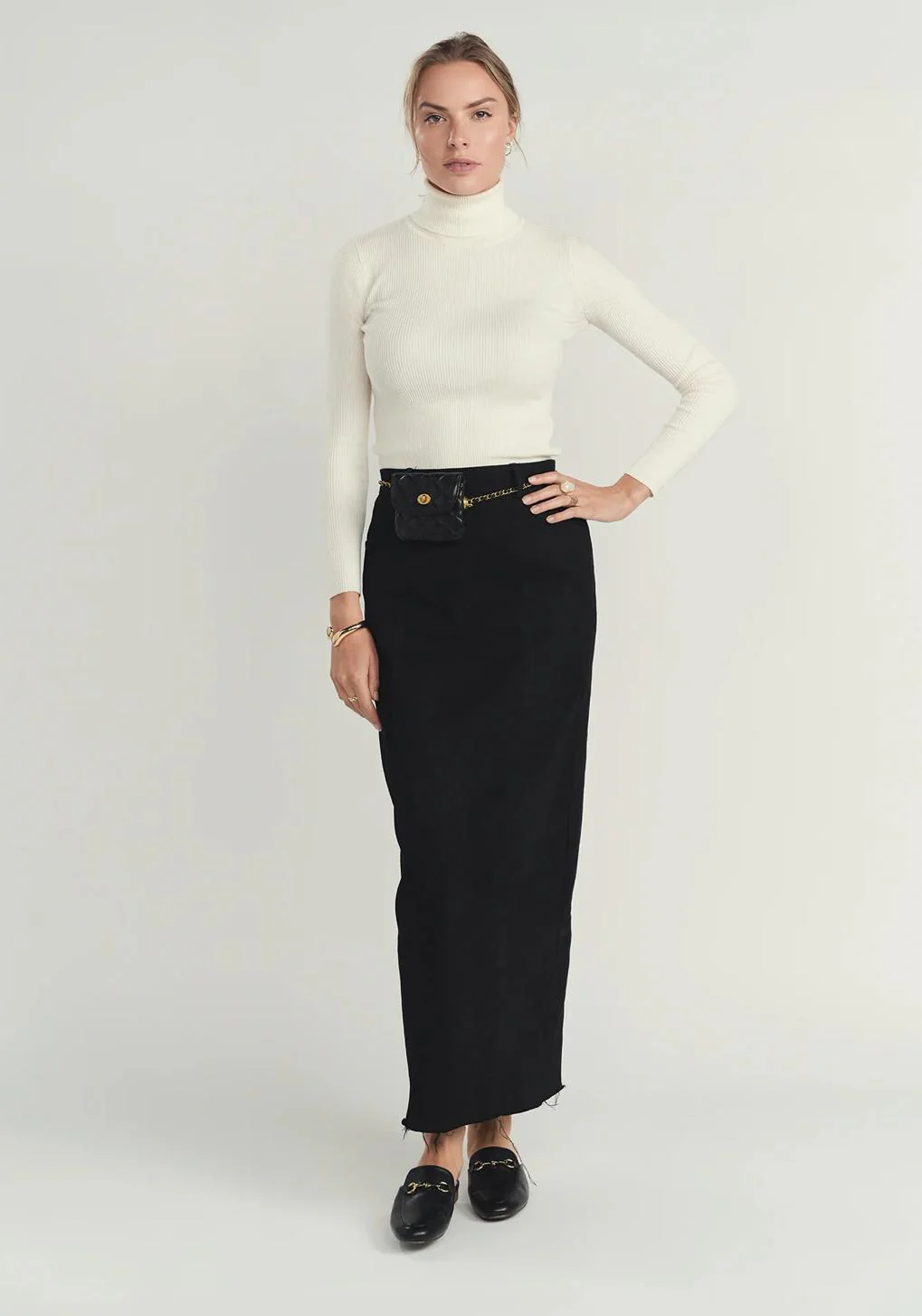 Straight Panel Denim Skirt- Black