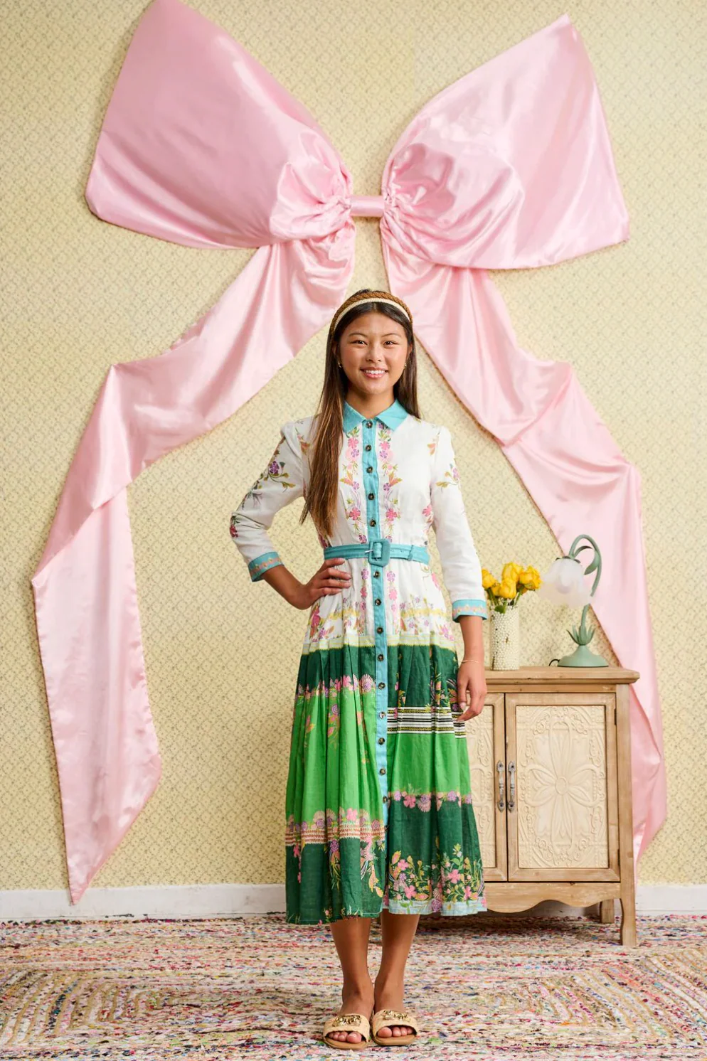Printed Belted Button-Down Dress with Pleated Skirt