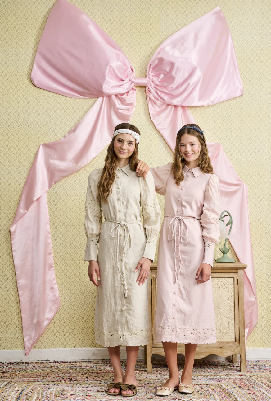 Tan Linen Belted Dress with Eyelet Trim