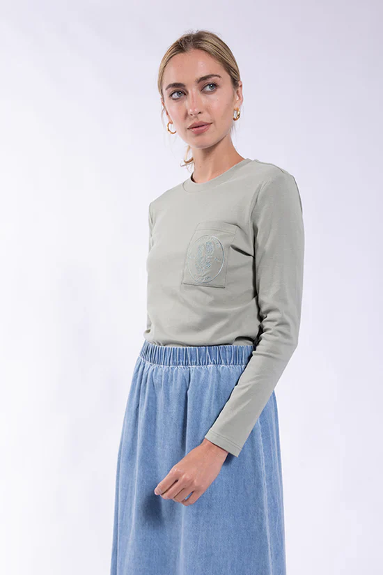 Tee with Embroidered Chest Pocket- Green