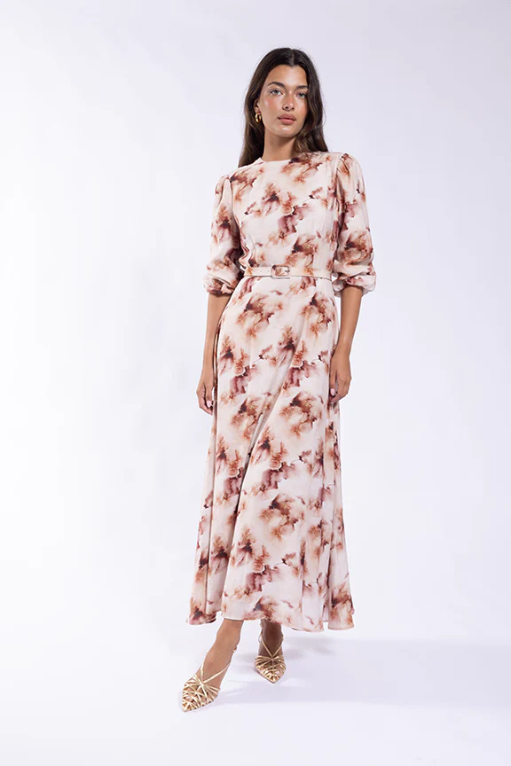 Waisted Maxi with Puff Sleeve Dress- Mauve